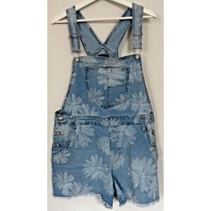No Boundaries Women/Jrs Denim Shortalls Size XL Blue Daisy Floral Print Overalls